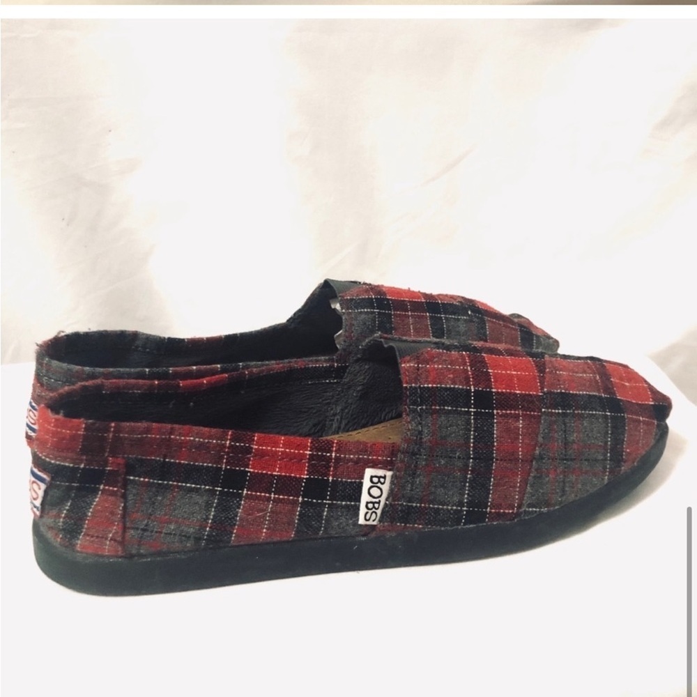 💖 Bobs Sketchers Red Black Plaid 8.5 Ballet Flat Shoes Casual Cute Toms